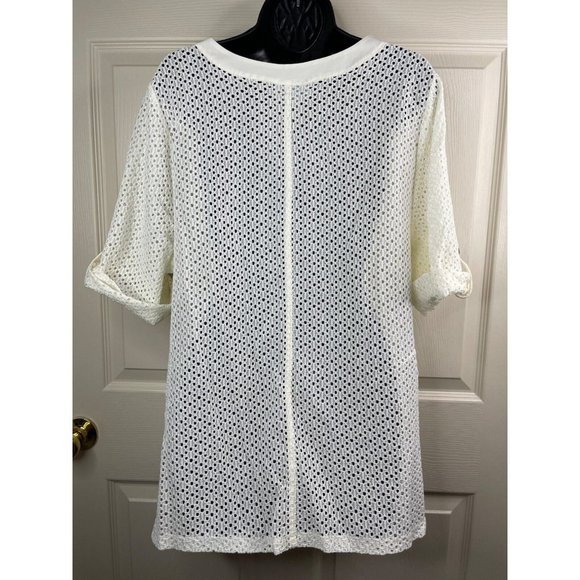 Catherines Top Women Plus Size 1X 18/20W Short Sleeve Ivory Knit Lacey Top Sheer - Picture 8 of 9